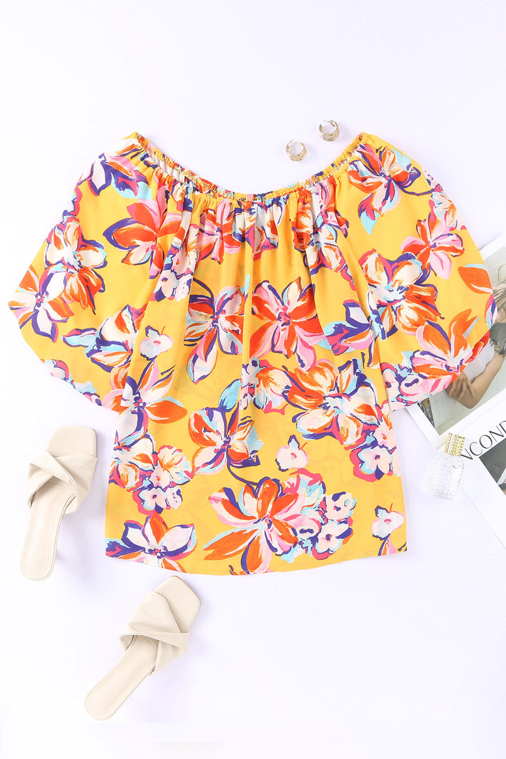 Yellow Floral Print Elastic Neckline Blouse