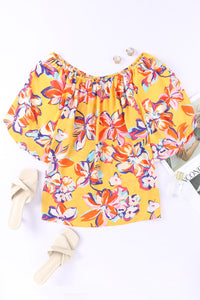 Yellow Floral Print Elastic Neckline Blouse