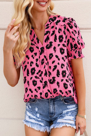 Pink Leopard Notch Neck Bubble Sleeve Blouse