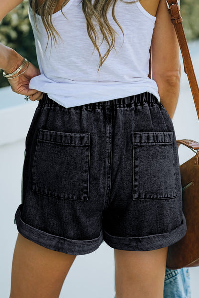 Black Pocketed Drawstring High Waist Denim Shorts