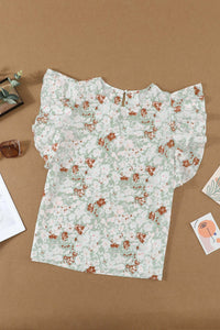 Green Floral Ruffle SS Top