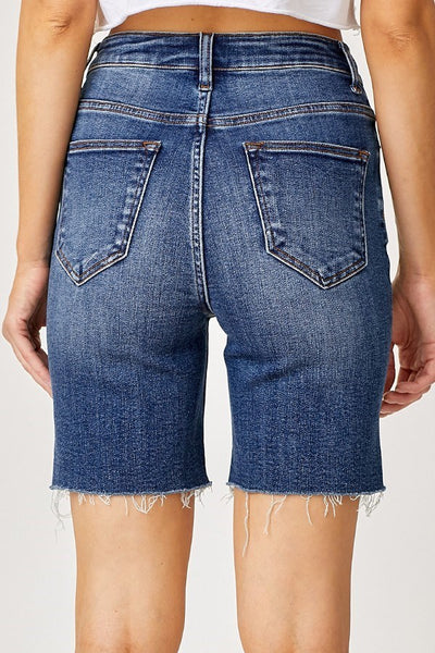 HIGH RISE RAW HEM MID THIGH SHORTS