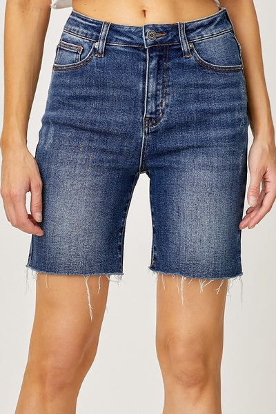 HIGH RISE RAW HEM MID THIGH SHORTS